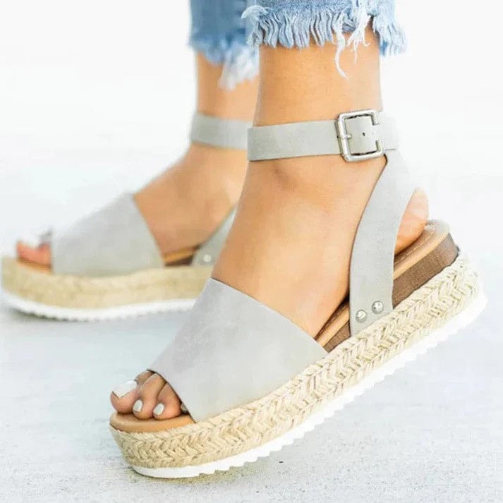 Women's Cushioned PU Leather Espadrille Wedge Sandals with Ankle Strap Buckle
