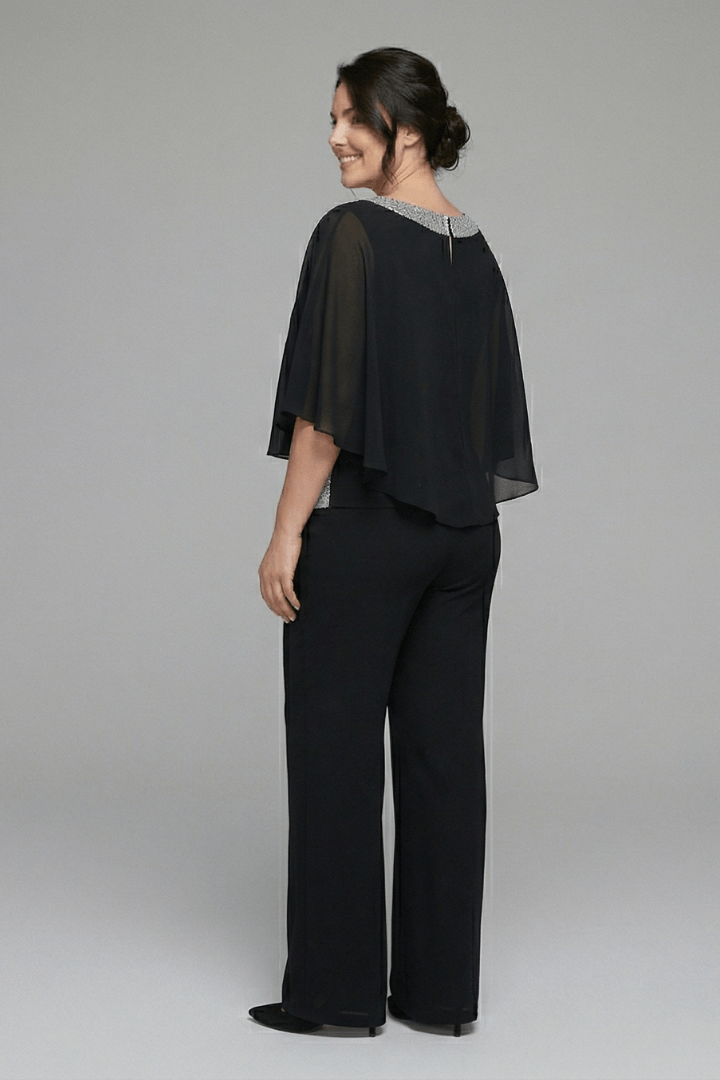 Women's Matching Two-Piece Set with Sequin Chiffon Cape Top and Wide-Leg Pants