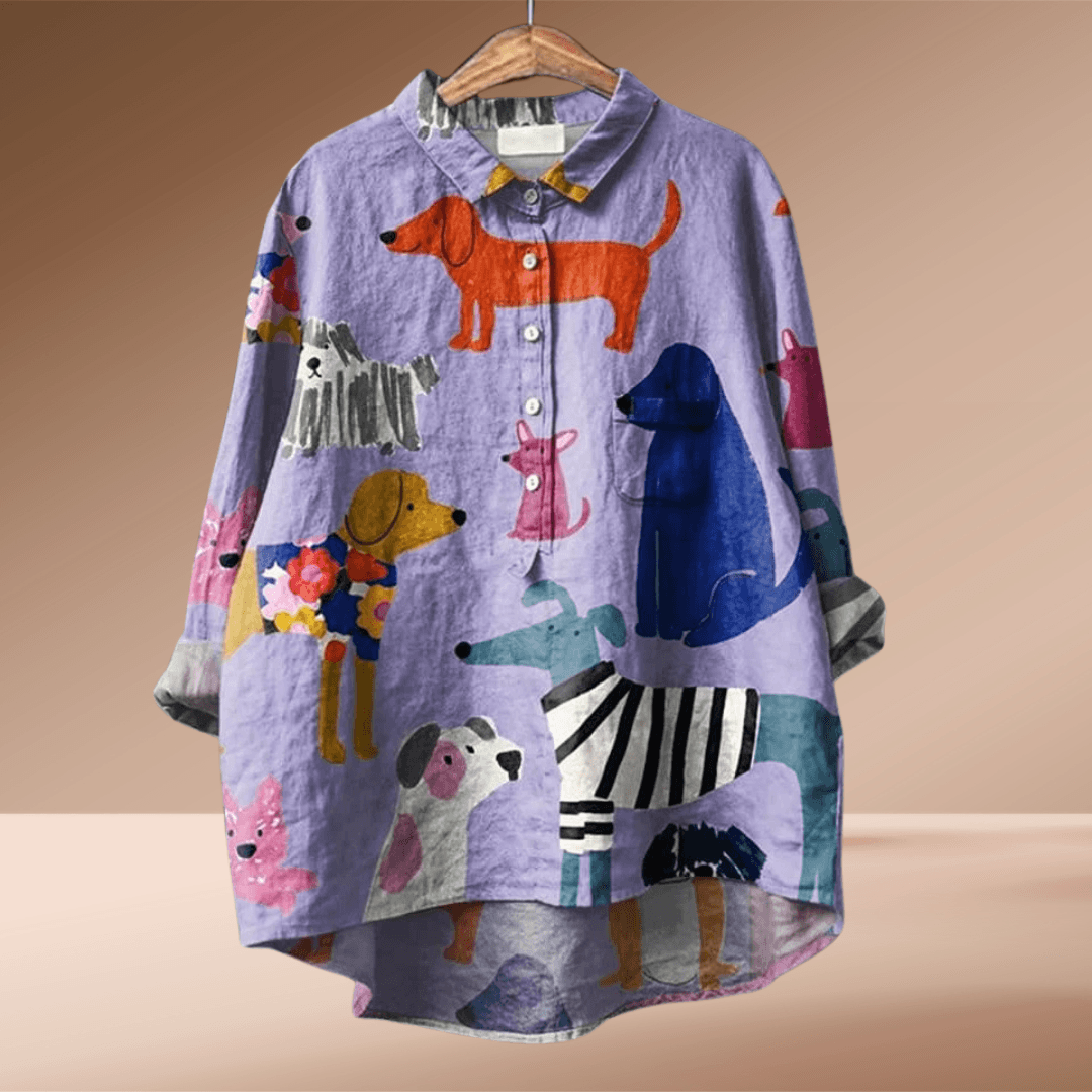 Women's Dog Print Long Sleeve Button-Down Blouse with Collar