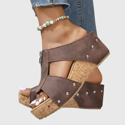 Jazlyn Orthopedic Open-Toe Wedge Sandals with Front Zip and Metal Stud Detail