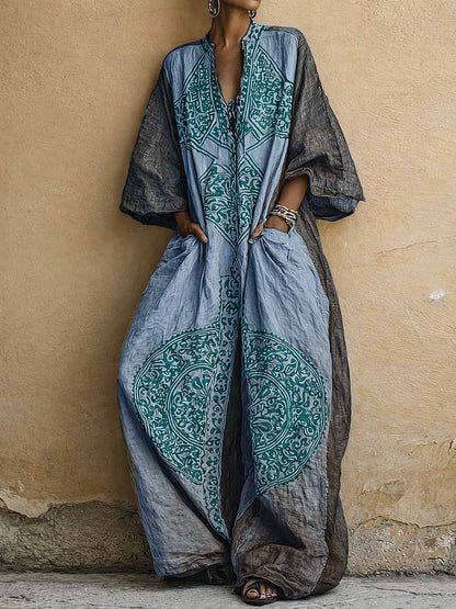 Women's Wide-Leg Linen Jumpsuit with V-Neck and Ethnic Print