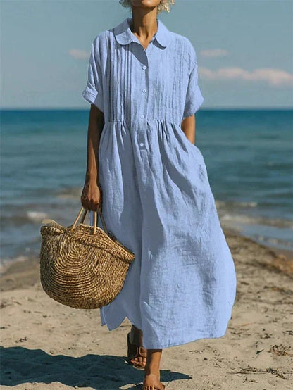 Harper Sutton Pintuck Linen Collared Midi Shirt Dress for Women