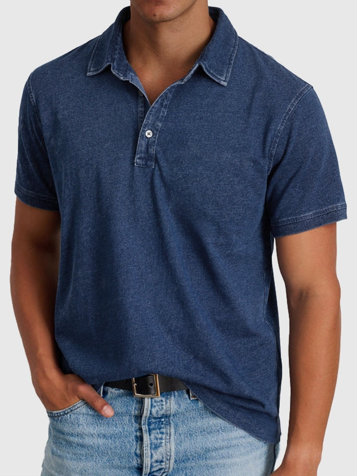 Men's Short-Sleeve Denim-Wash Cotton Polo Shirt