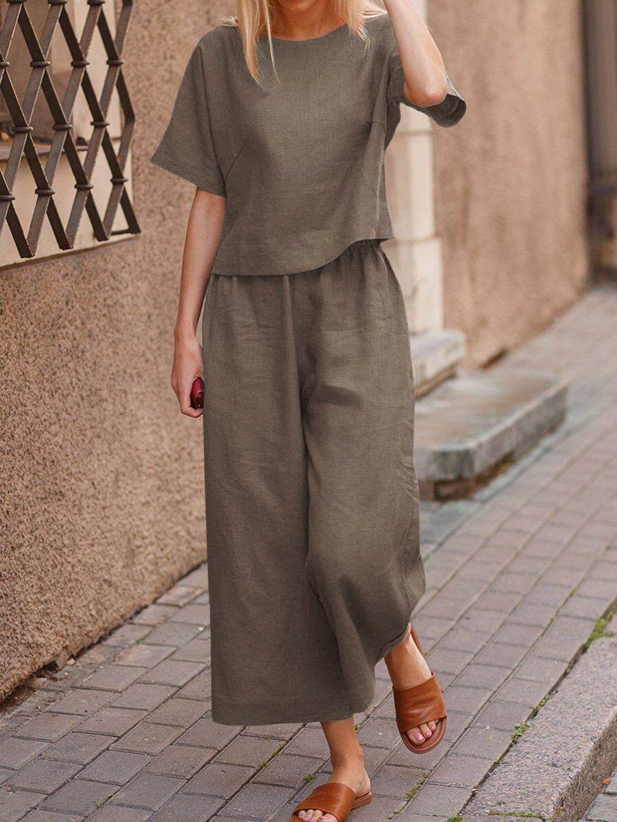 Linen Two-Piece Matching Set with Short-Sleeve Top and Wide-Leg Pants