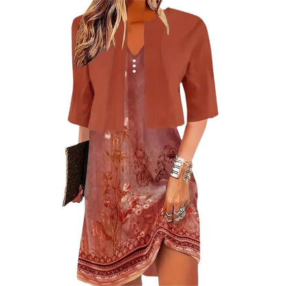 Floral Print V-Neck Women's Midi Dress with Cropped Jacket Two-Piece Set
