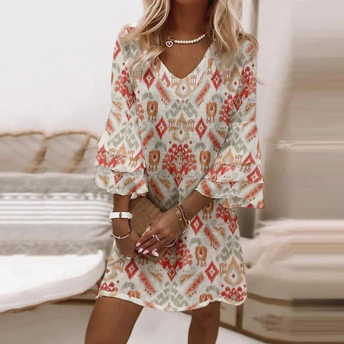 Marble Swirl Print Mini Dress with V-Neck and Flared Layered Sleeves