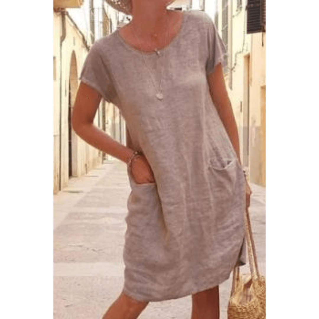 Casual Knee-Length Crew Neck Short Sleeve Dress with Side Pockets