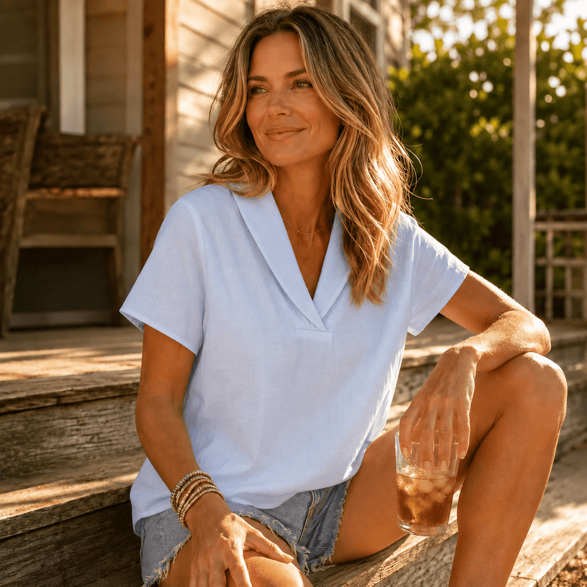 Shawl-Collar V-Neck Short Sleeve Top with Textured Weave