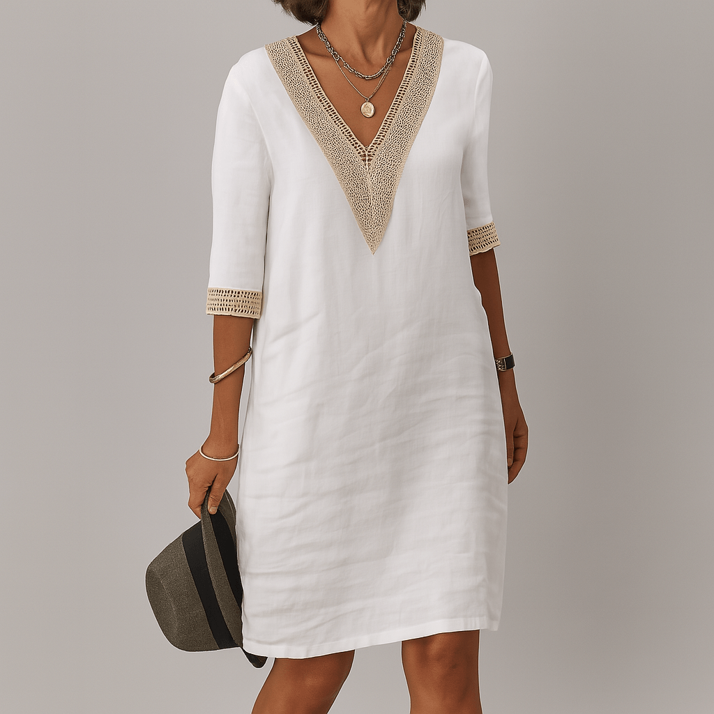 Women's Linen Crochet-Trim Summer Midi Dress with Half Sleeves