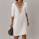Women's Linen Crochet-Trim Summer Midi Dress with Half Sleeves