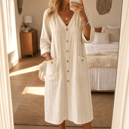 Button-Front V-Neck Midi Dress with Patch Pockets for Women