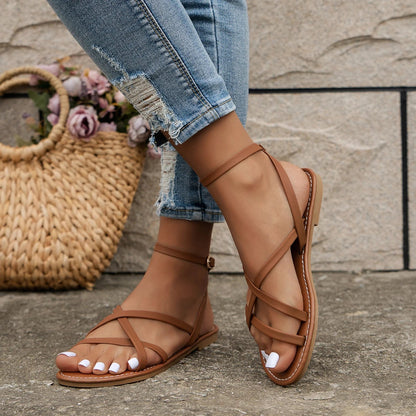 Bella Strappy Flat Sandals with Adjustable Ankle Buckle for Summer