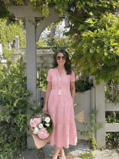 Women's Short-Sleeve Eyelet Midi Dress with Tiered Skirt and Split Neckline