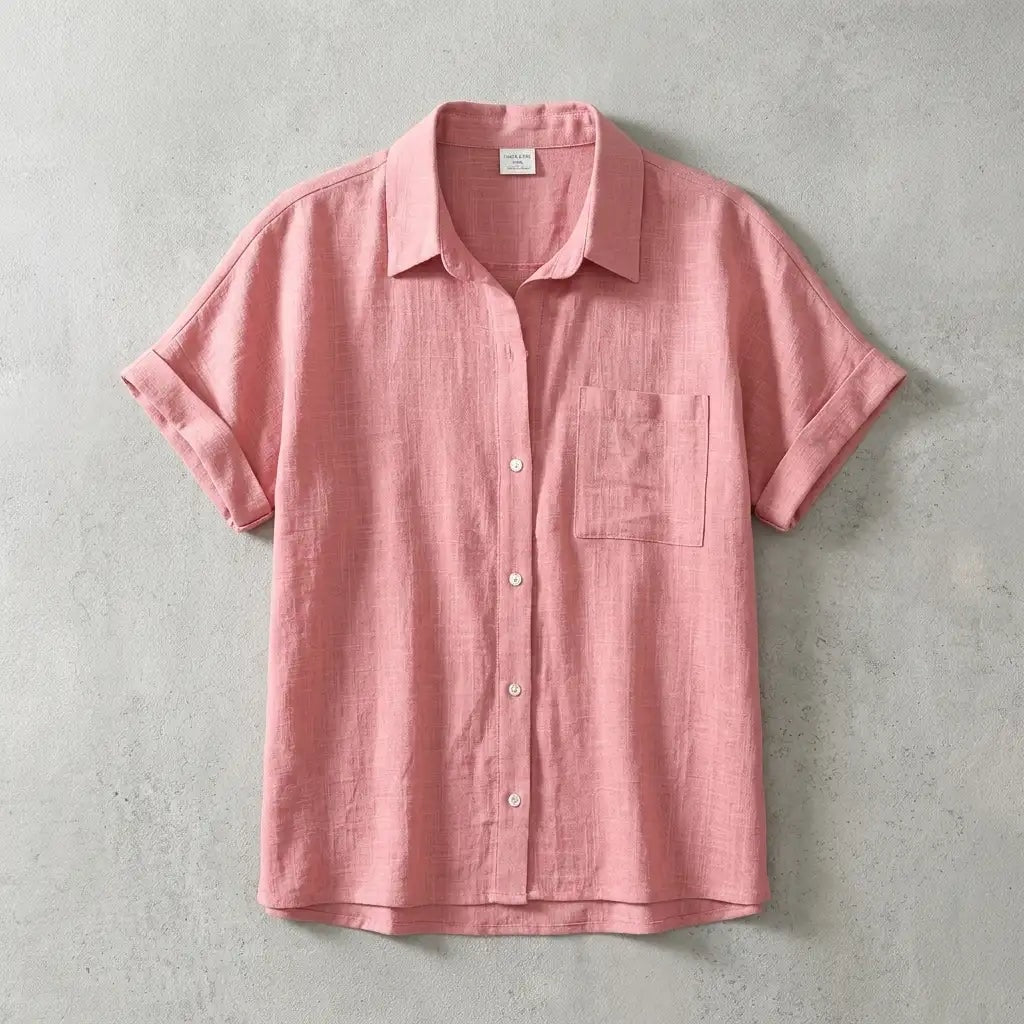 Women's Short Sleeve Linen Button-Up Top with Chest Pocket