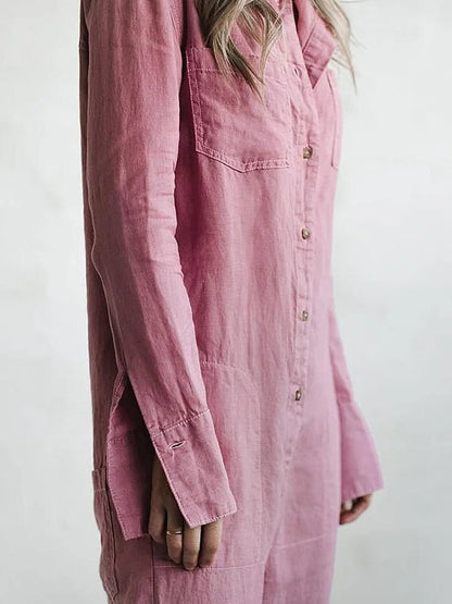 Button-Front Linen Jumpsuit with Pockets for Women