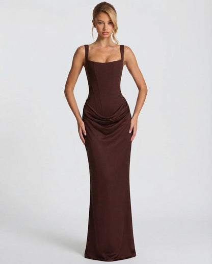 Sienna Laurent Satin Corset Maxi Dress with Draped Detail