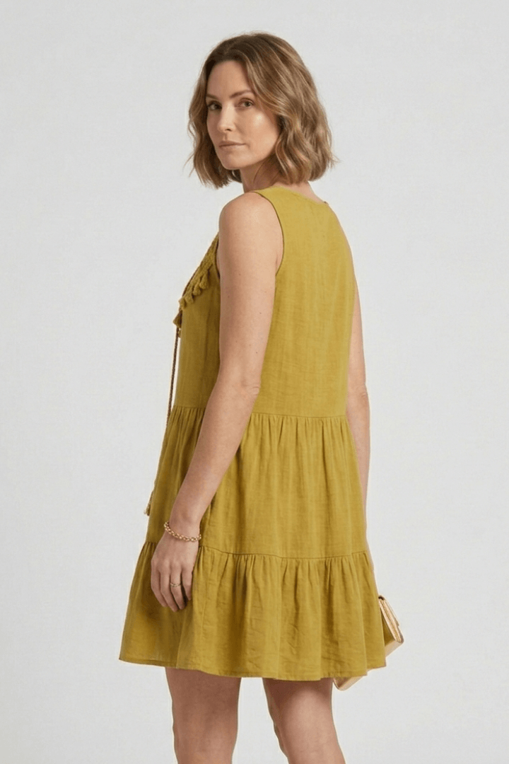 Women's Sleeveless Mini Summer Dress with Tassel Tie V-Neck and Tiered Skirt