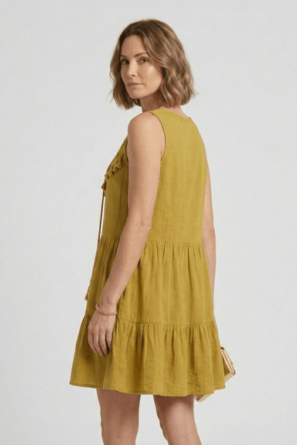 Women's Sleeveless Mini Summer Dress with Tassel Tie V-Neck and Tiered Skirt
