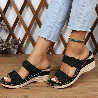 Delor Open-Toe Slide Sandals with Flower Detail and Rhinestone Wedge Sole