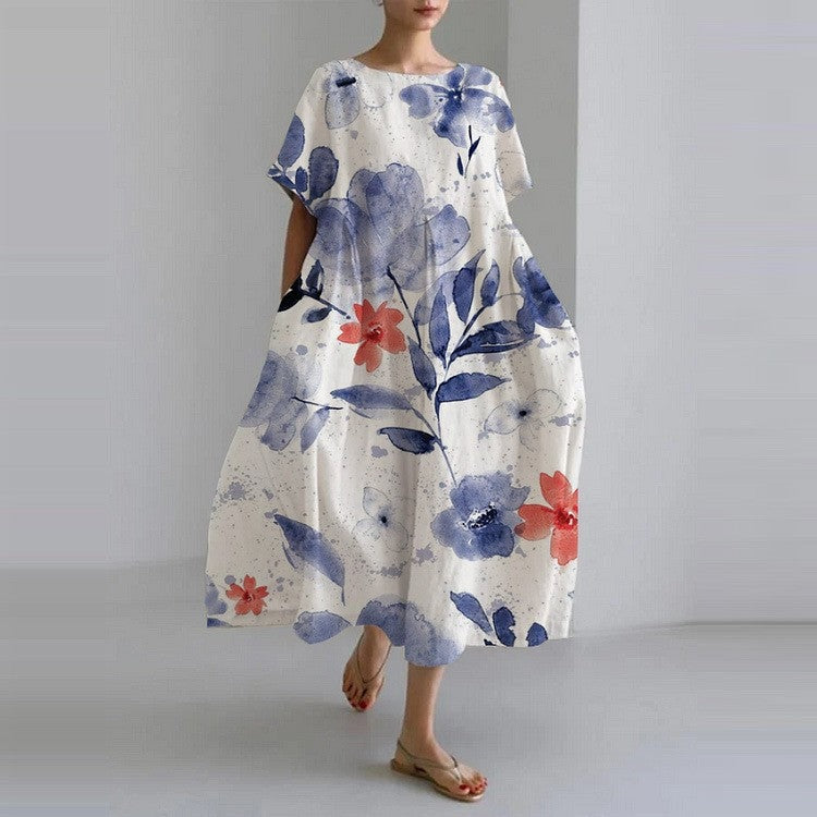 Ditsy Floral Print Cotton Linen Maxi Dress with Loose Bohemian Fit
