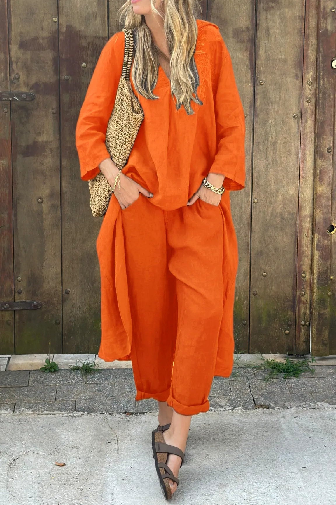 Vimosa Relaxed Linen Co-Ord Set with Longline V-Neck Top and Wide-Leg Pants