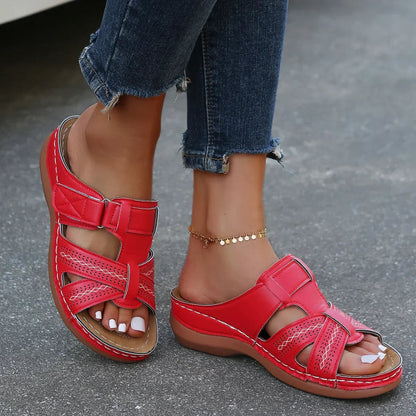 Aria Orthopedic Wedge Sandals with Cutout Crisscross Straps and Adjustable Closure