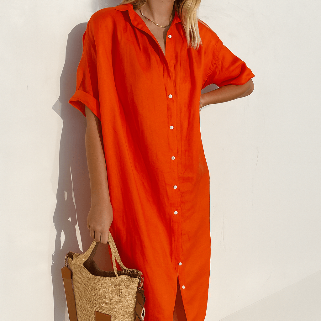 Button-Down Linen Shirt Summer Midi Dress with Collar for Women