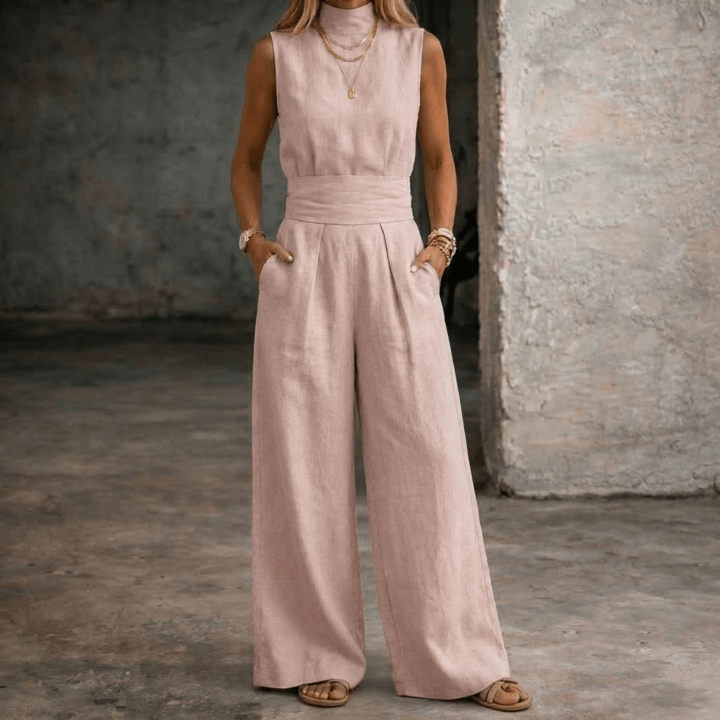 Viola High-Waist Wide-Leg Sleeveless Linen Jumpsuit with Collar