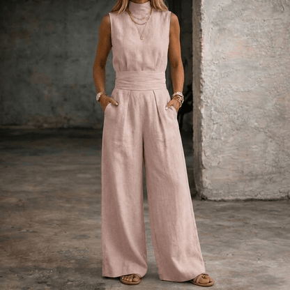 Viola High-Waist Wide-Leg Sleeveless Linen Jumpsuit with Collar