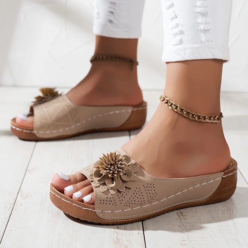 Flora Comfortable Slide Wedge Sandals with Perforated Upper and Flower Detail