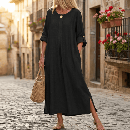 Women's Linen Summer Midi Dress with Roll-Up Sleeves and Side Pockets