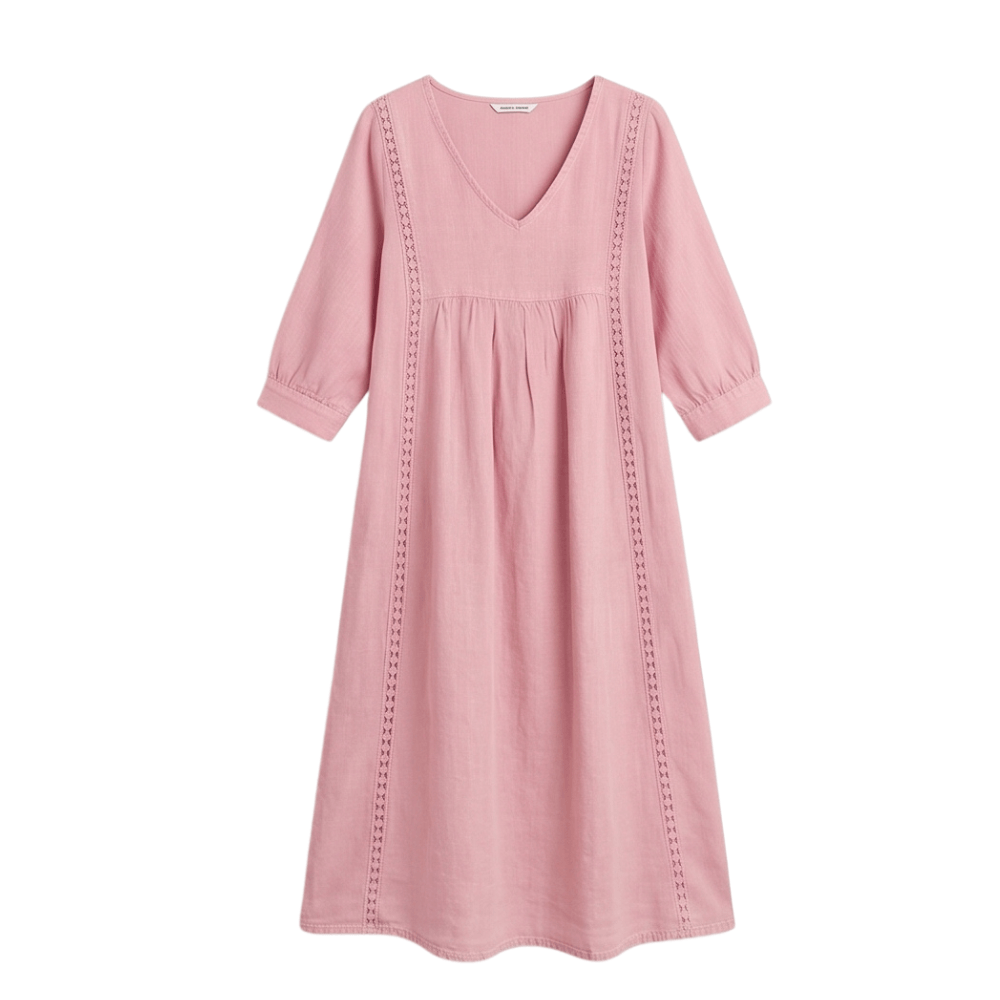 Women's Relaxed Linen-Cotton Summer Midi Dress with Lace Trim and Pockets