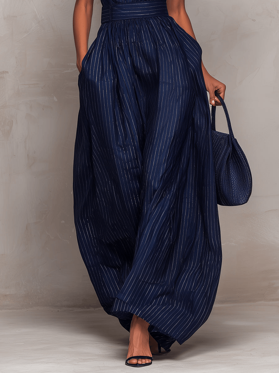 Women's High-Neck Wide-Leg Striped Linen-Blend Jumpsuit