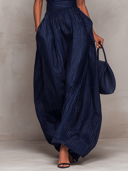 Women's High-Neck Wide-Leg Striped Linen-Blend Jumpsuit