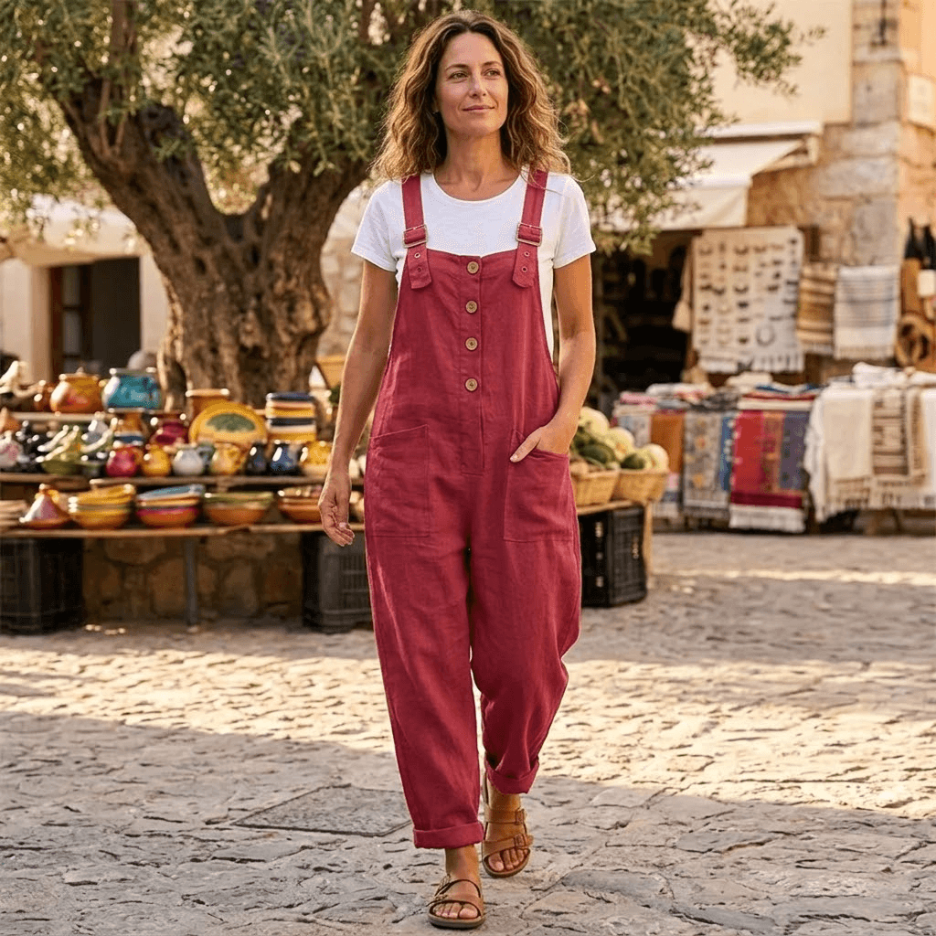 Women's Button-Front Wide-Leg Linen Overalls with Pockets