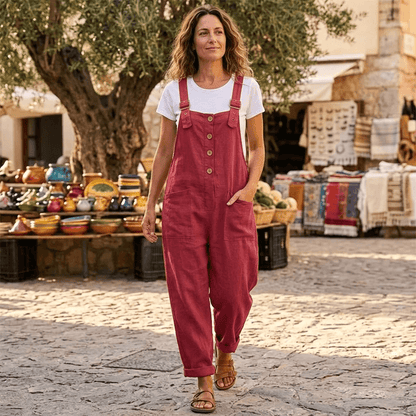 Women's Button-Front Wide-Leg Linen Overalls with Pockets