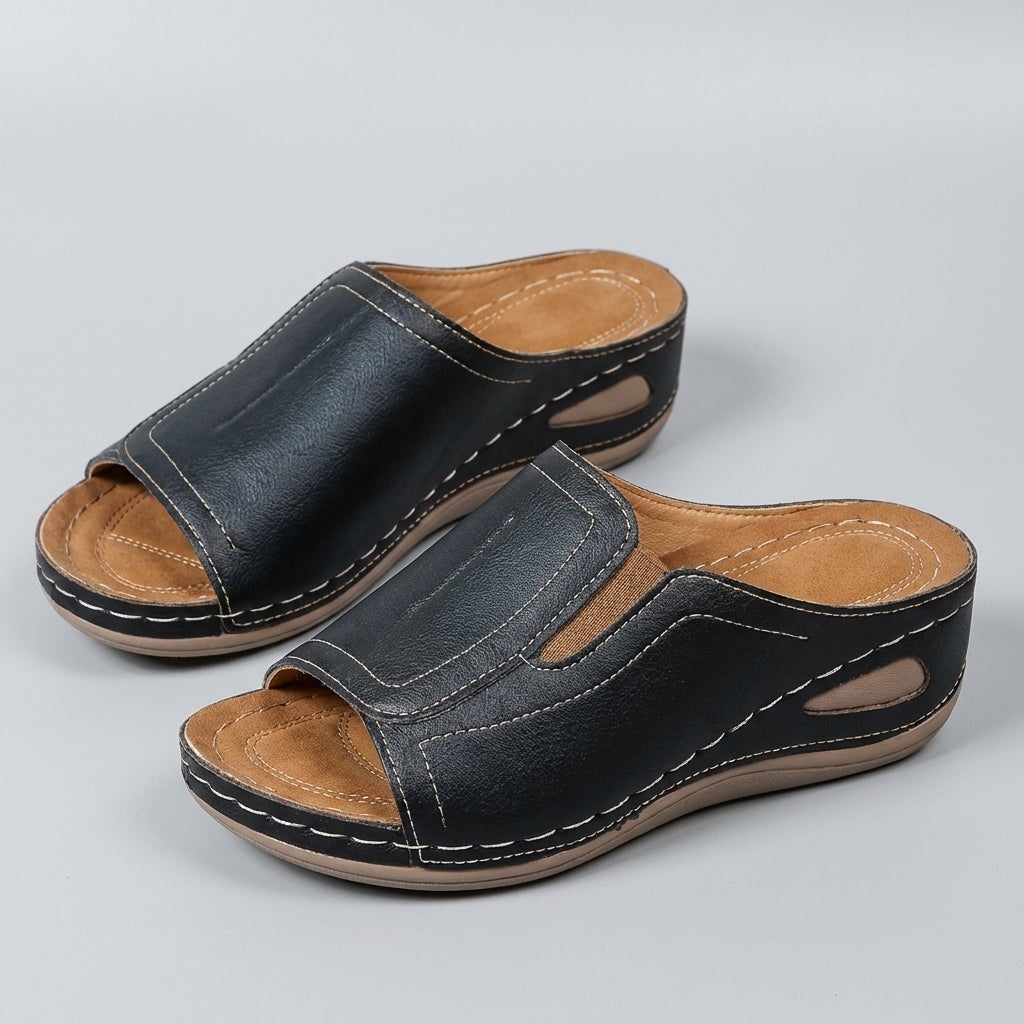 Penelope Ergonomic Slip-On Wedge Sandals with Open Toe and Cutout Detail