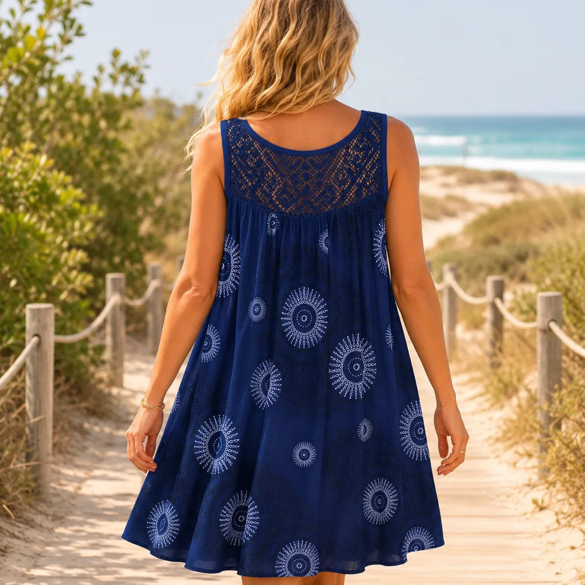 Women's Sleeveless Lace-Yoke A-Line Sundress with Sunburst Print