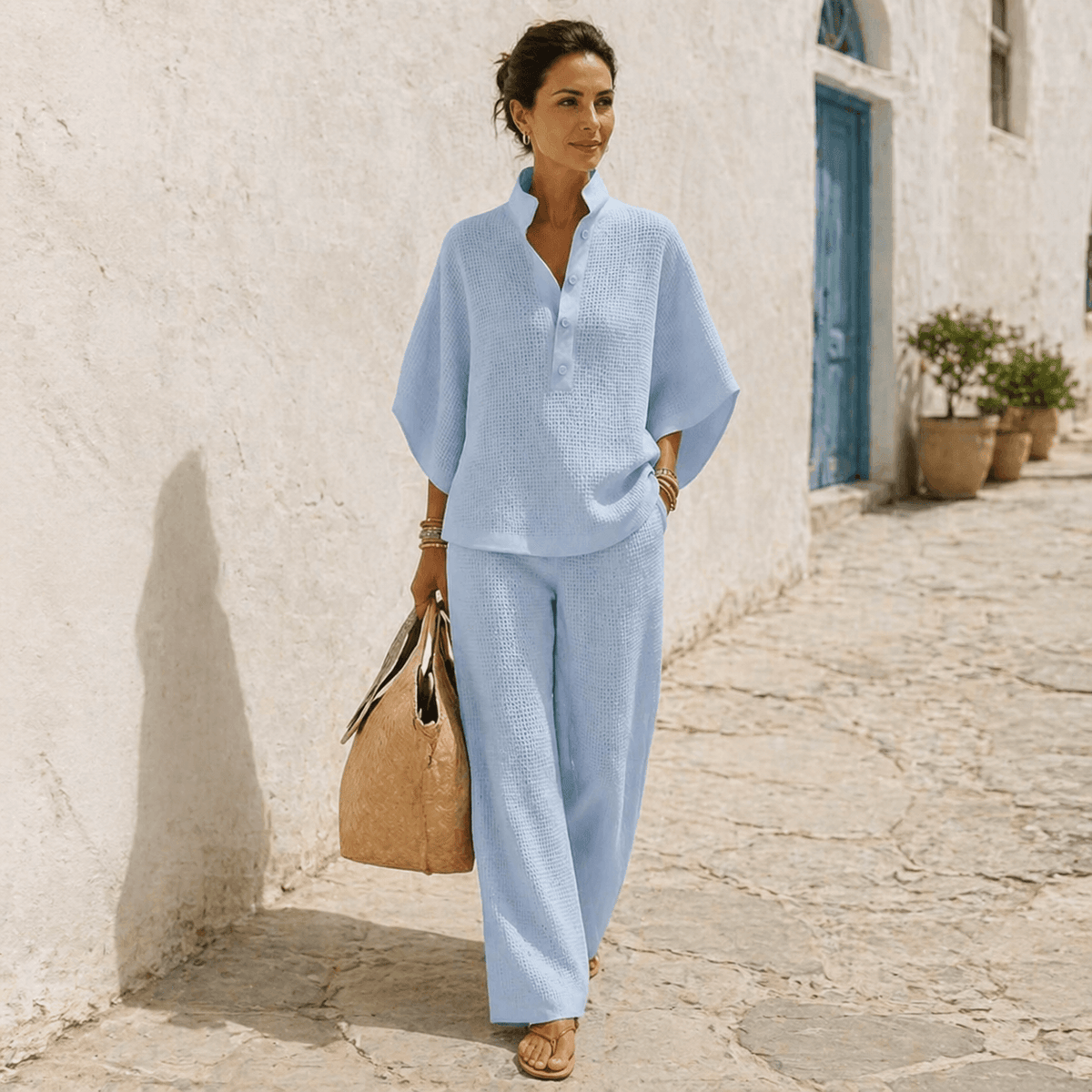 Vienelle Waffle-Knit Two-Piece Lounge Set with Wide-Leg Pants