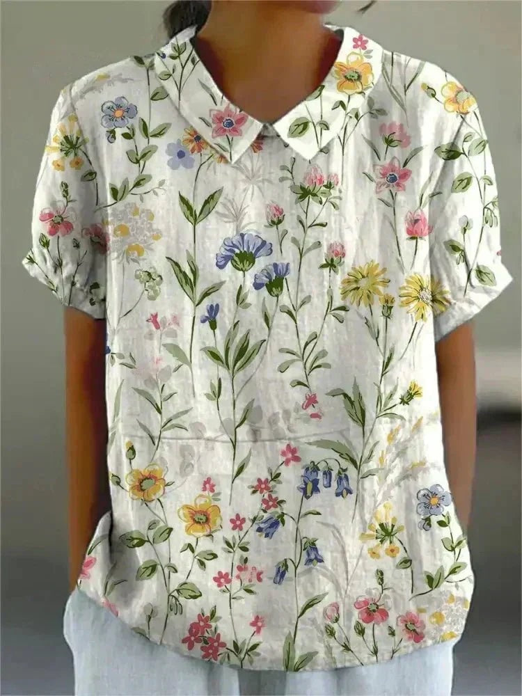 Floral Print Peter Pan Collar Short Sleeve Blouse for Women