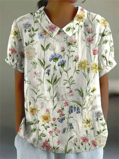 Floral Print Peter Pan Collar Short Sleeve Blouse for Women