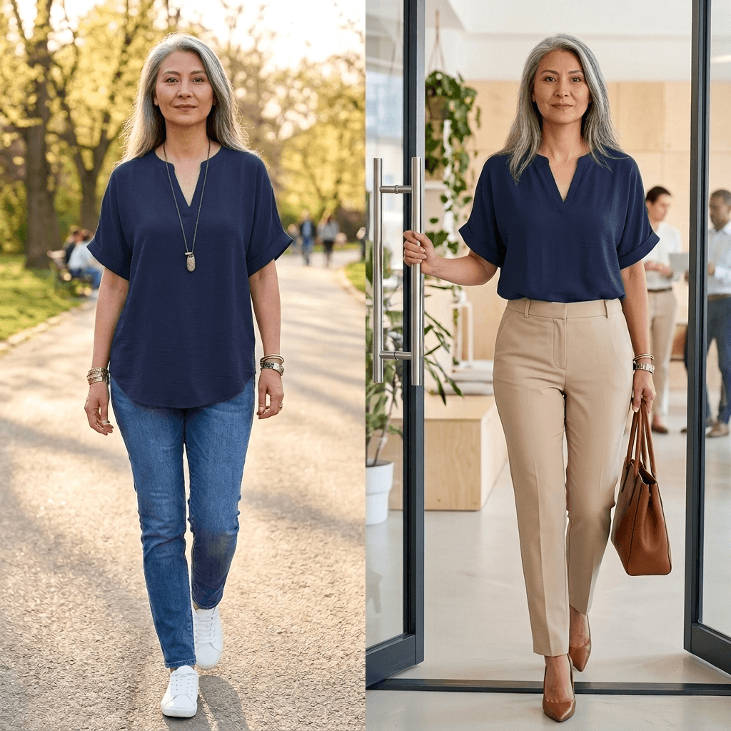 Women's Curved-Hem V-Neck Top with Short Sleeves