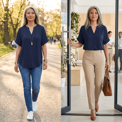 Women's Curved-Hem V-Neck Top with Short Sleeves