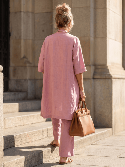 Linen Wide-Leg Pant and Duster Jacket Women's Two-Piece Co-Ord Set