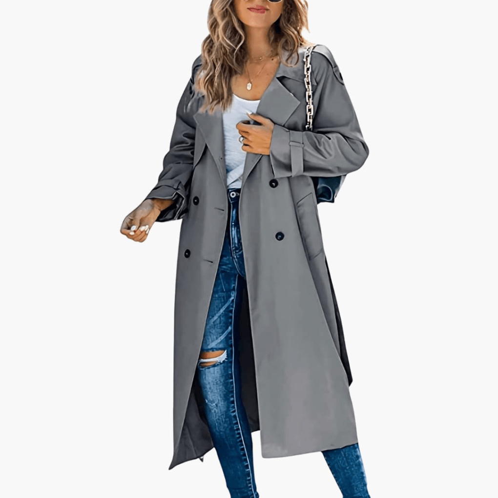 Double-Breasted Trench Coat with Adjustable Cuffs and Belted Waist