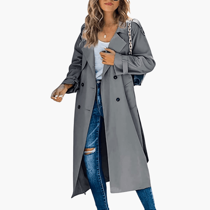 Double-Breasted Trench Coat with Adjustable Cuffs and Belted Waist