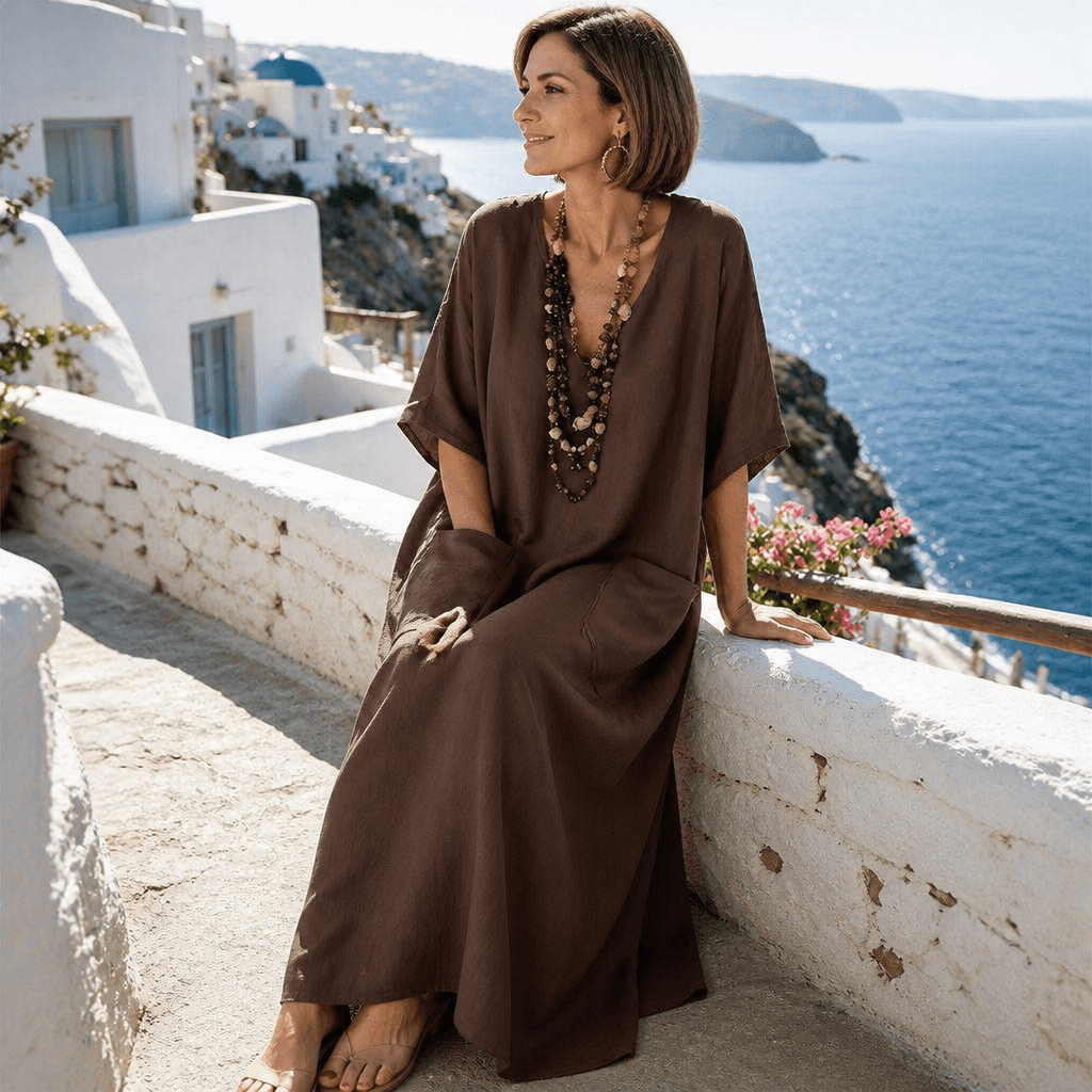 Marisole Loose-Fit V-Neck Maxi Dress with Deep Pockets and Side Slits