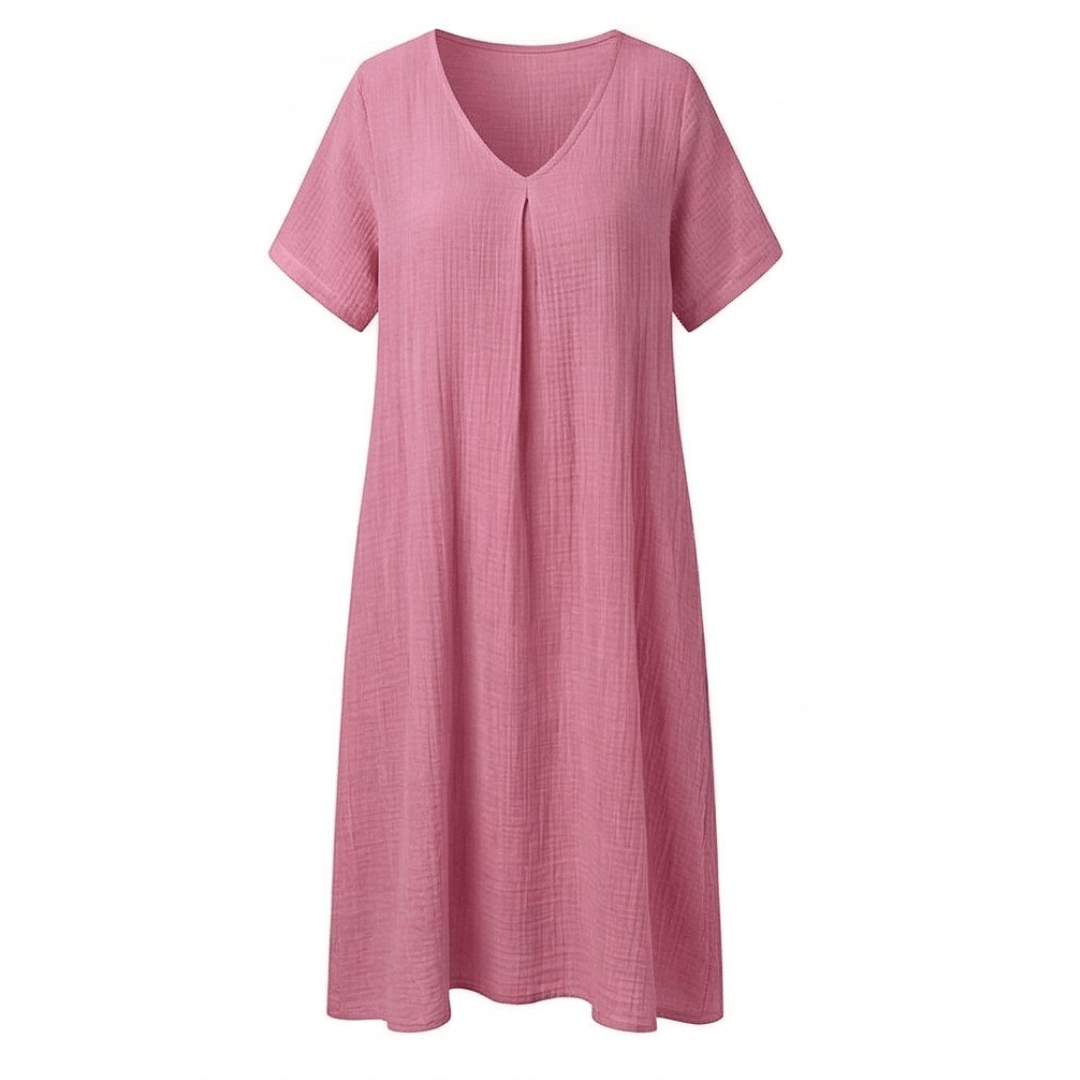 Women's Cotton Linen V-Neck Midi Summer Dress with Short Sleeves