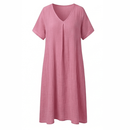 Women's Cotton Linen V-Neck Midi Summer Dress with Short Sleeves