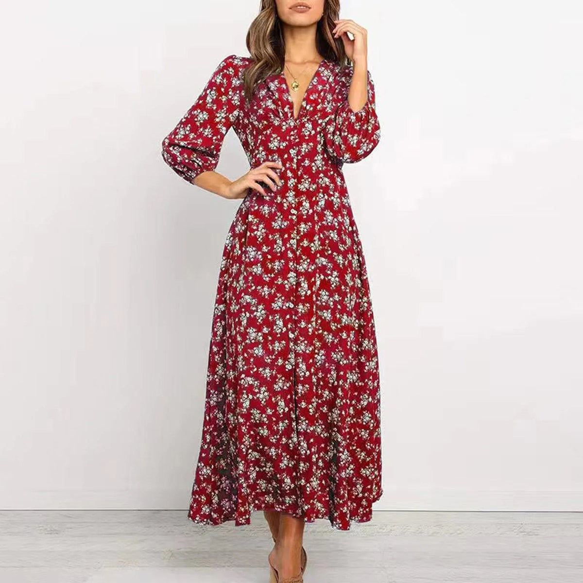 Norma Floral V-Neck A-Line Maxi Dress with Long Sleeves for Women